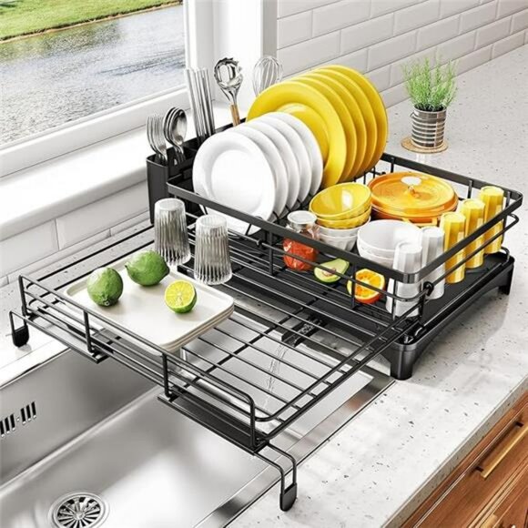 Extendable Dish Drying Rack Over Sink Black Utensil Holder Kitchen Organizer - Picture 7 of 7